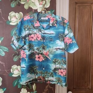 Tommy Bahama Tropical Island Camp Shirt Mens M Blue Hibiscus Tencel Hawaiian